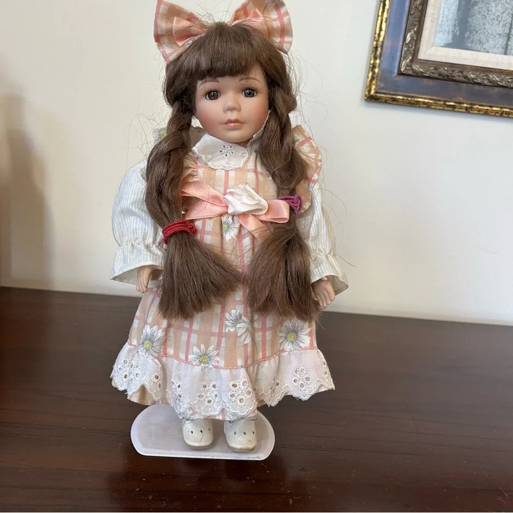 Plaid Dress Porcelain Doll with Bow